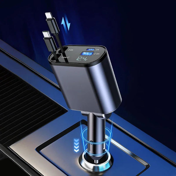 New Arrival 100W 4 in 1 Retractable Car Charger USB Type C Cable for Iphone Samsung Fast Charge Cord Cigarette Lighter Adapter